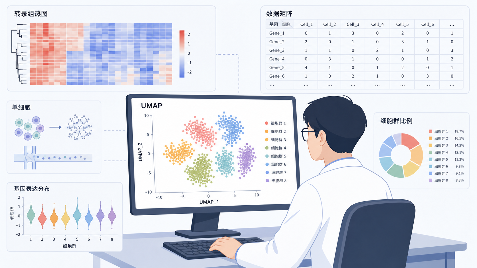 科研人员在电脑前查看单细胞UMAP散点图,背景包含转录组热图和数据矩阵界面,整体风格专业、简洁。