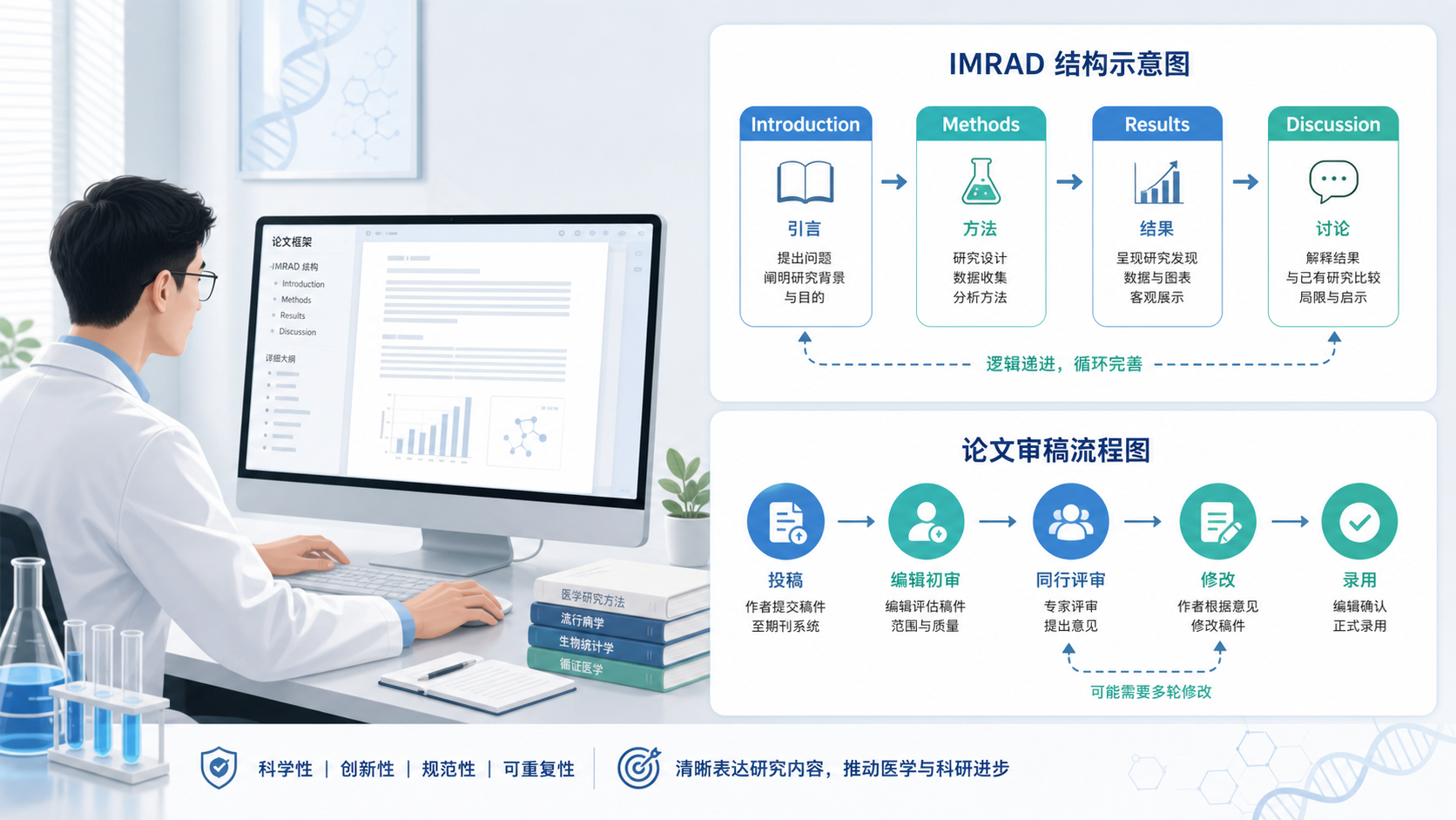 科研人员在电脑前整理论文框架，旁边展示IMRAD结构示意图和论文审稿流程图