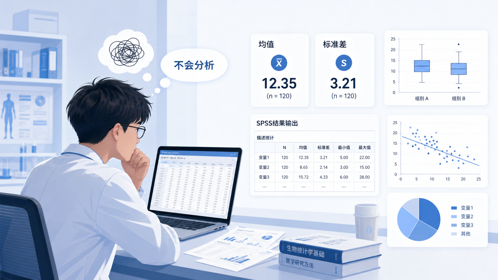 一位医学生在电脑前查看统计表格,旁边显示均值、标准差和SPSS结果输出界面,突出“数据很多但不会选统计方法”的痛点。