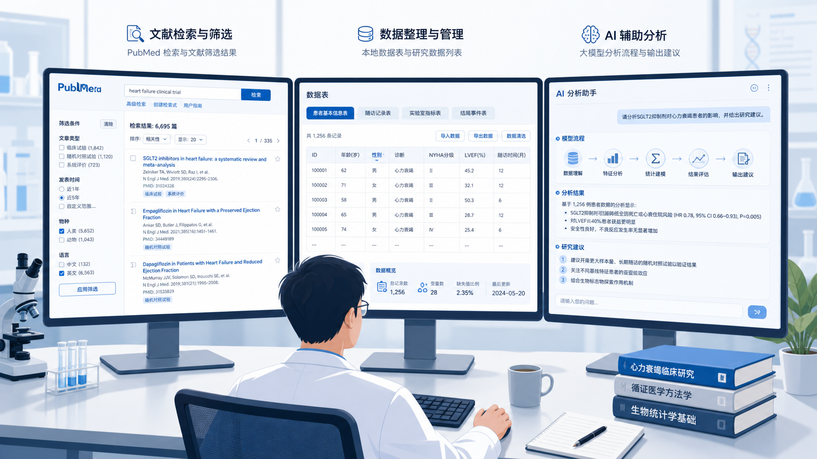 科研人员在电脑前同时打开PubMed检索页、本地数据表和AI对话窗口，屏幕上展示文献筛选、模型流程图和代码片段。