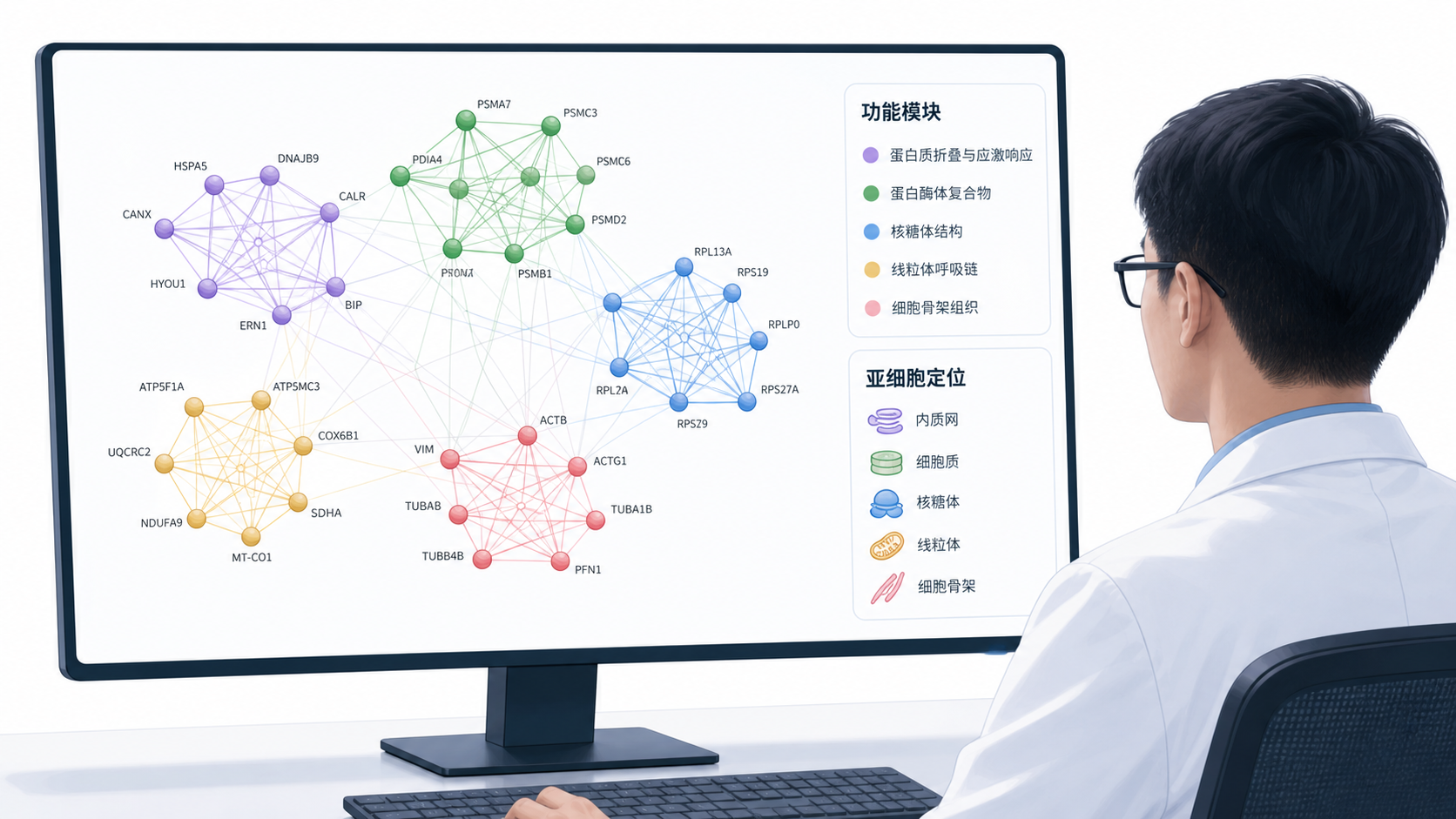 科研人员在电脑前查看蛋白互作网络图，节点按颜色分群，旁边显示功能模块与亚细胞定位标注