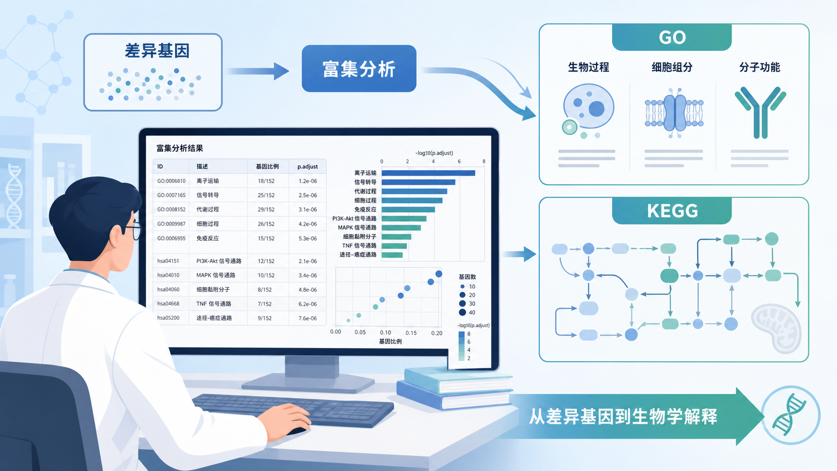 科研人员在电脑前查看富集分析结果表,旁边展示GO和KEGG通路示意图,突出“从差异基因到生物学解释”的过程。