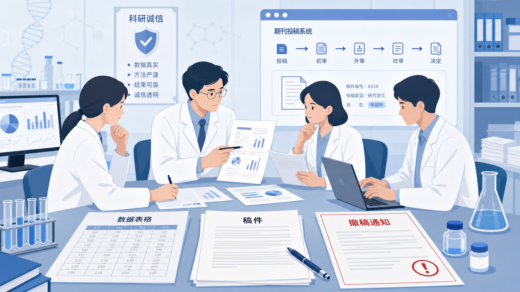 实验室与期刊投稿场景结合图,前景是数据表格和撤稿通知,背景是研究人员讨论稿件
