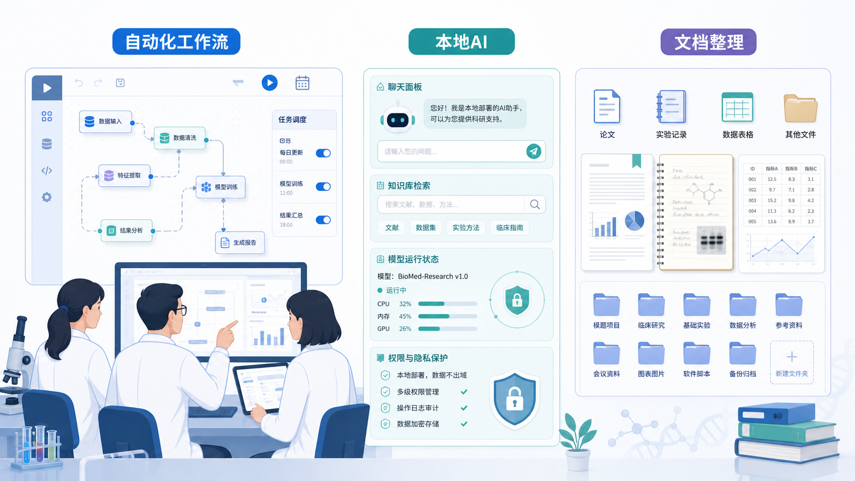 医学科研团队在电脑前使用自动化工作流，旁边展示本地部署的AI机器人界面和科研文档整理场景