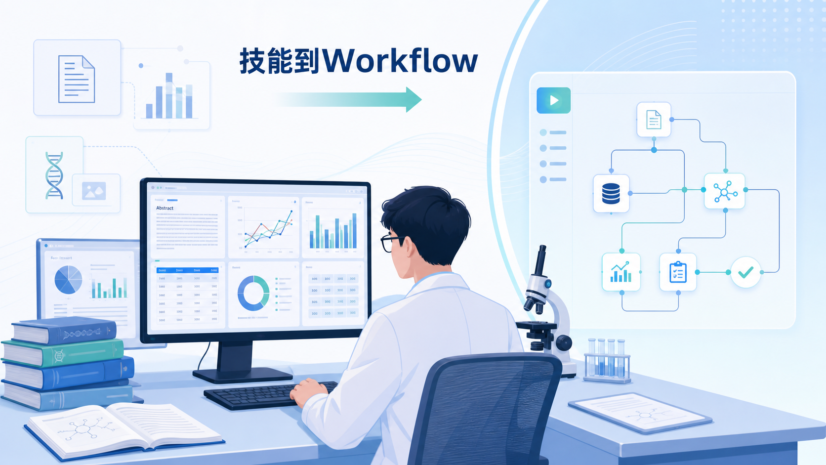 一位科研人员在电脑前处理文献、数据表格和图表，旁边展示自动化工作流界面，强调“技能到Workflow”的科研场景。
