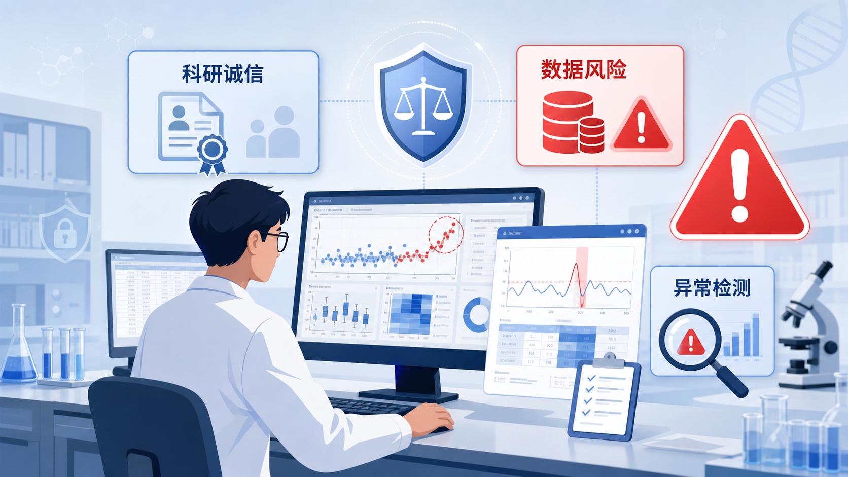 实验室场景中，研究者面对数据图表、统计软件界面和红色警示标识，突出科研诚信与数据风险主题。