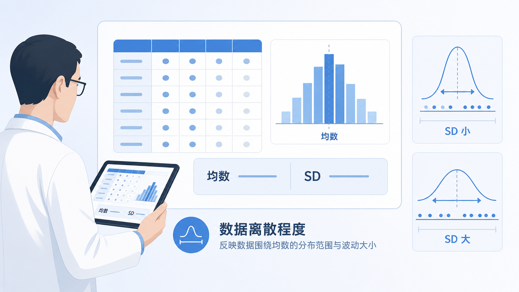 一位医生在查看临床研究数据表,旁边有直方图、均数和SD标注,突出“数据离散程度”的概念