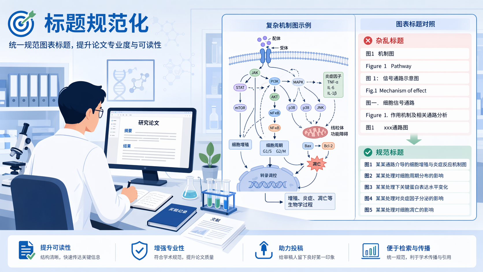 实验室或论文写作场景，旁边展示一张复杂机制图与图表标题对照，突出“标题规范化”的痛点。