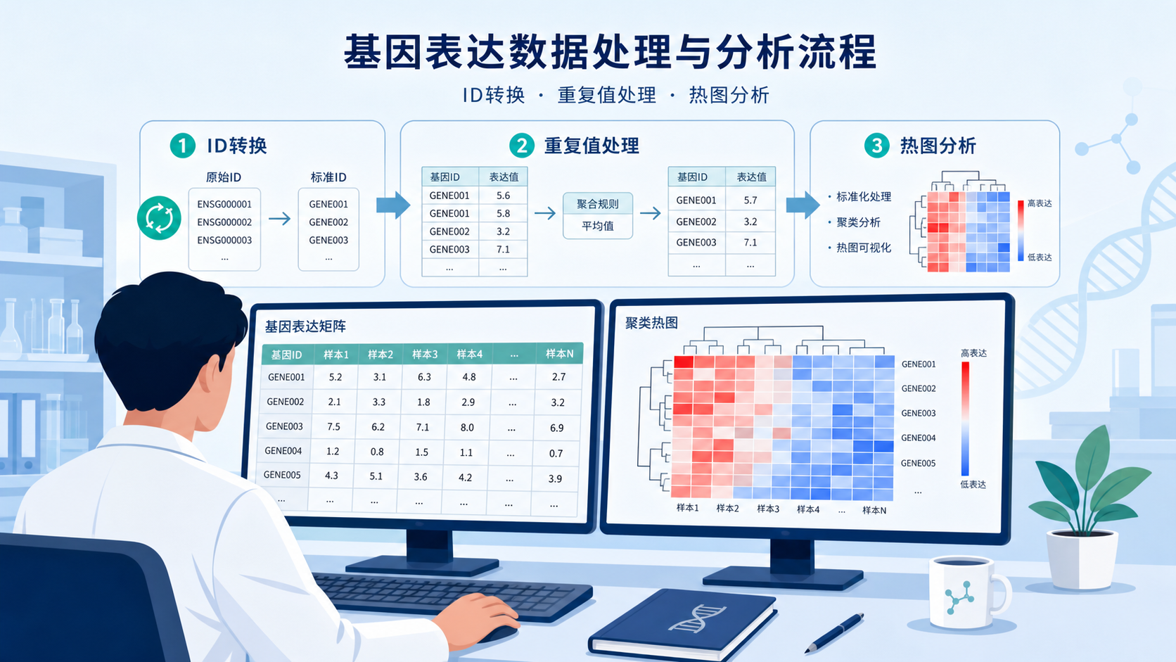 科研人员在电脑前整理基因表达矩阵,屏幕上显示ID转换、重复值处理和热图分析界面。
