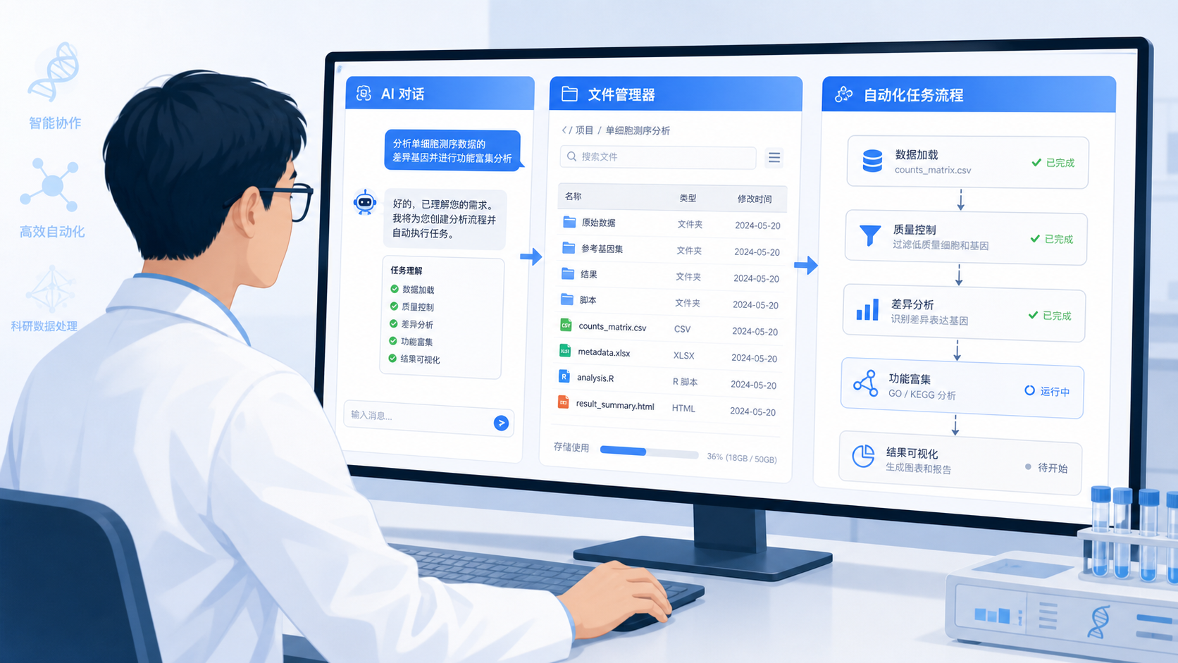 一位科研人员在电脑前，屏幕上同时显示AI对话框、文件管理器和自动化任务流程图，强调“从聊天到执行”的转变。