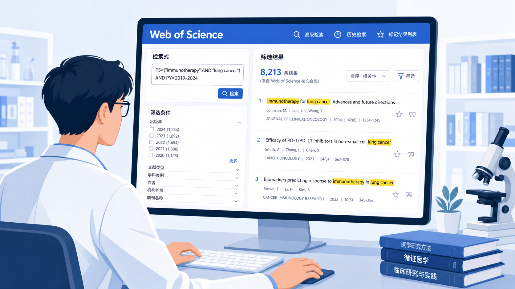 医学生在电脑前使用Web of Science进行高级检索,屏幕上显示检索式、筛选结果和文献列表,体现高效筛选场景。