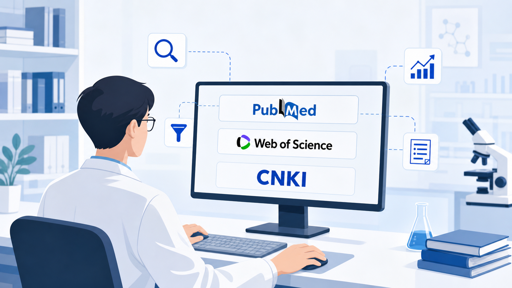 科研人员在电脑前使用数据库检索文献，屏幕上显示PubMed、Web of Science、CNKI等检索界面，旁边有筛选条件和摘要预览。