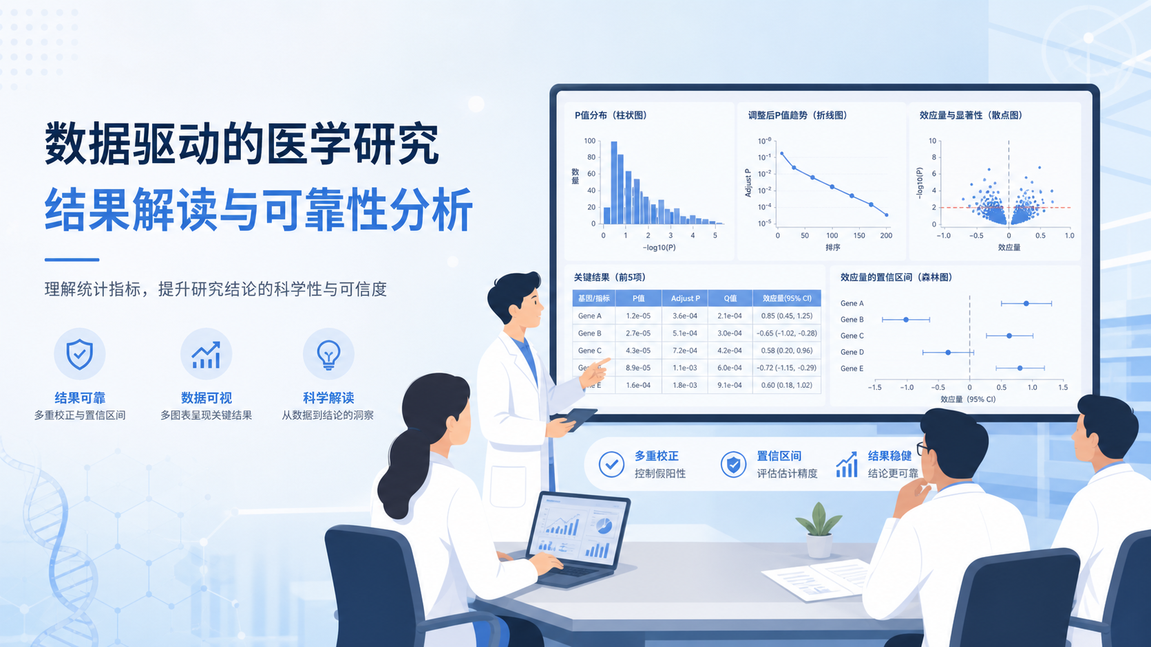 医学研究数据分析场景，屏幕上显示P值、Adjust P、Q值和统计图表，研究者在讨论结果可靠性。