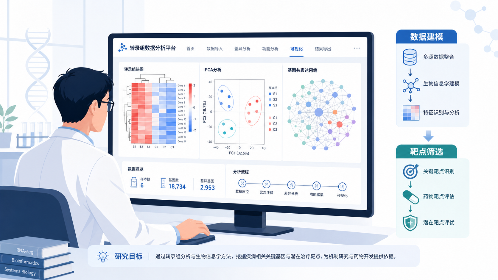 科研人员在电脑前分析转录组热图、PCA图和网络图,旁边有“数据建模”“靶点筛选”的流程示意