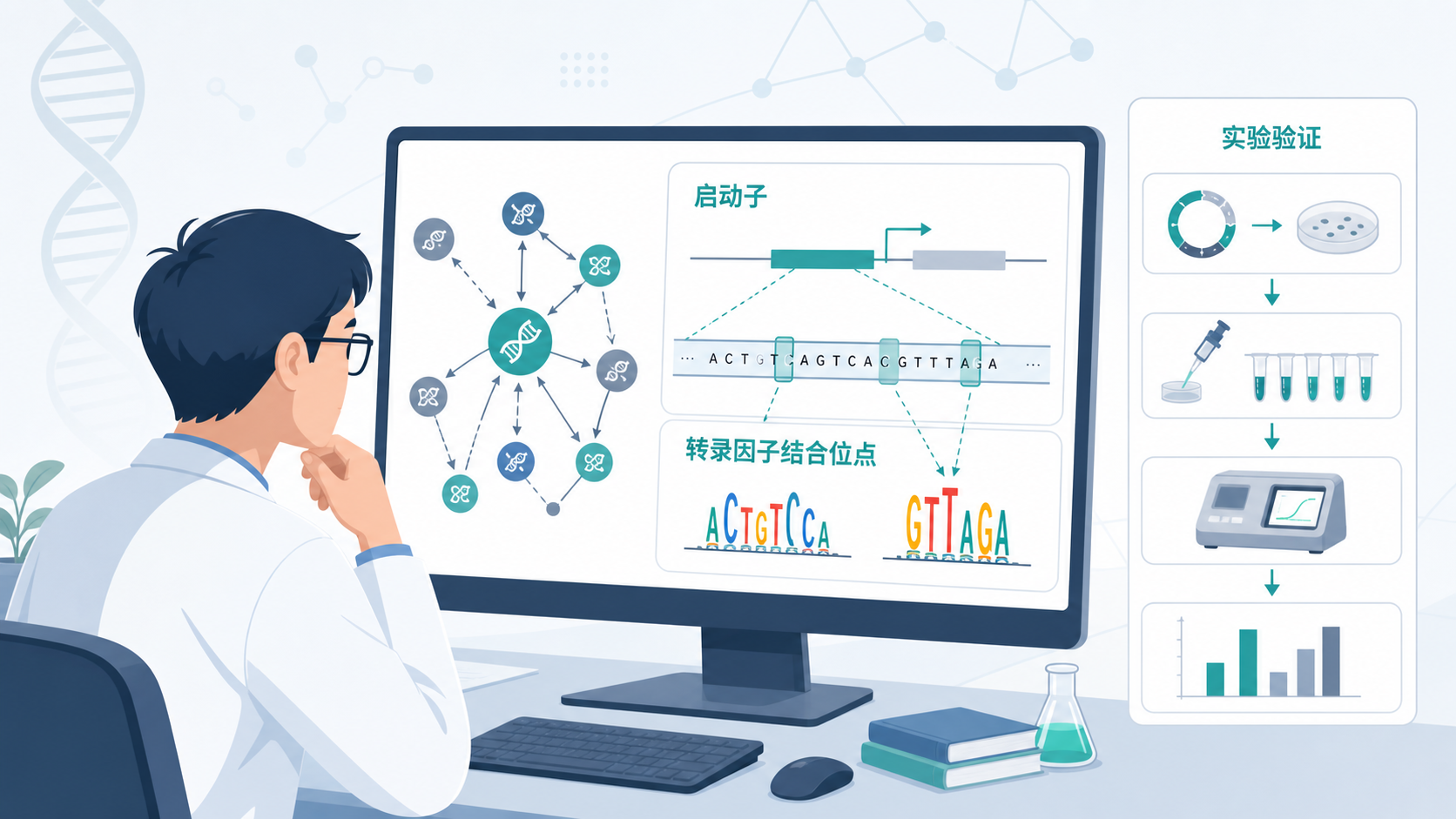 科研人员在电脑前查看基因调控网络图,旁边显示启动子序列、转录因子结合位点和实验验证流程图