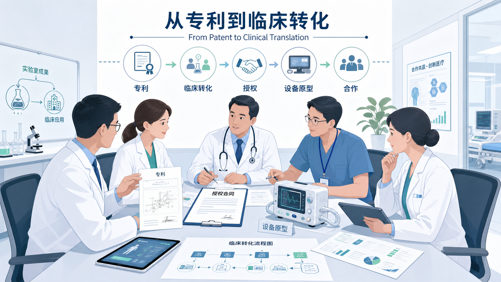 医护团队围绕专利文件、临床设备和授权合同进行讨论的场景,强调“从专利到临床转化”的主题。