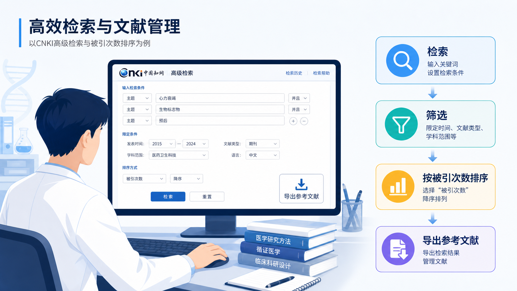 医学生在电脑前使用CNKI高级检索界面，旁边显示文献筛选、被引次数排序和导出参考文献的流程图