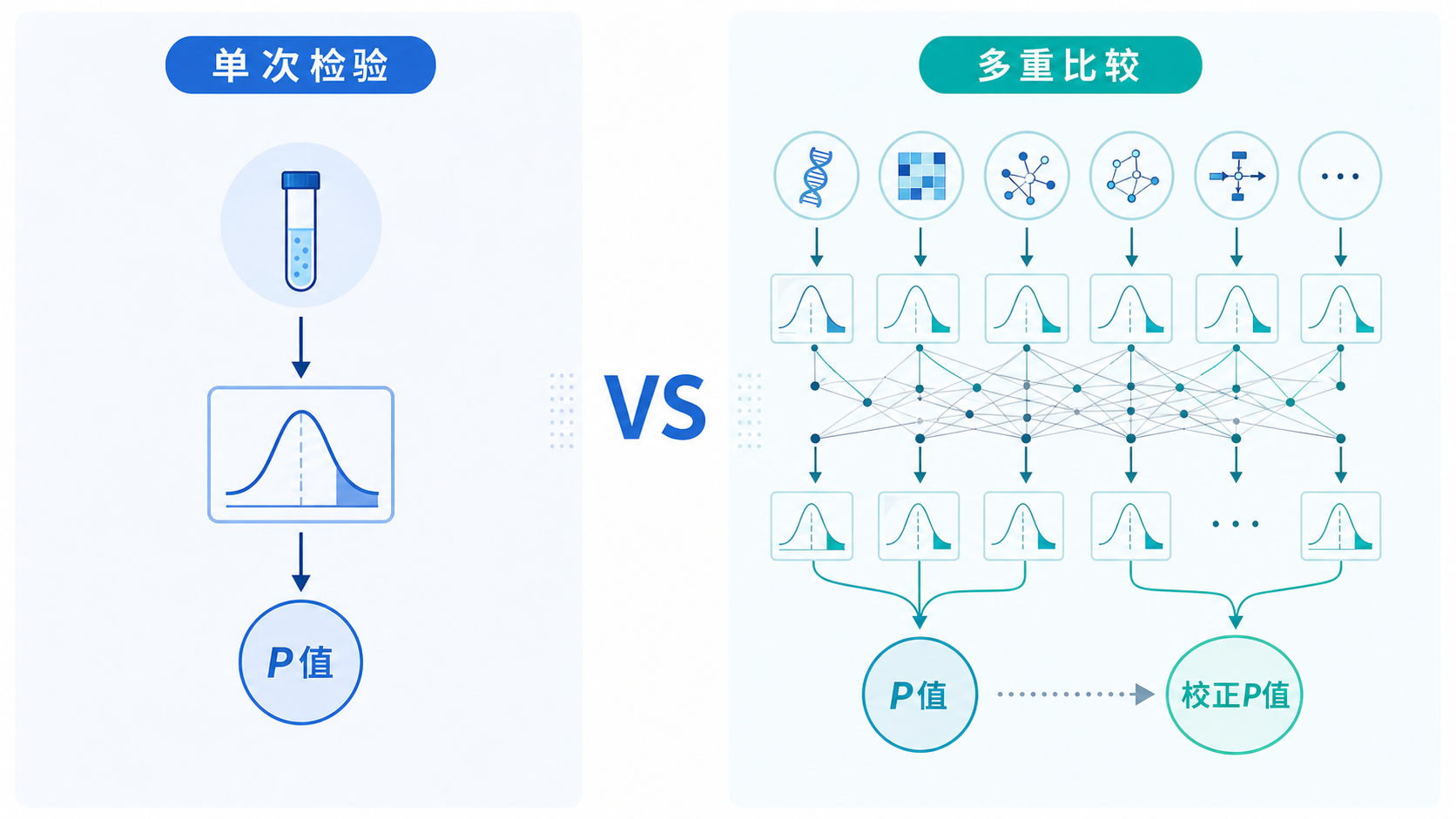 一张对比图,左侧为基础研究单次检验流程,右侧为生信分析多重比较流程,突出P值与校正P值的差异