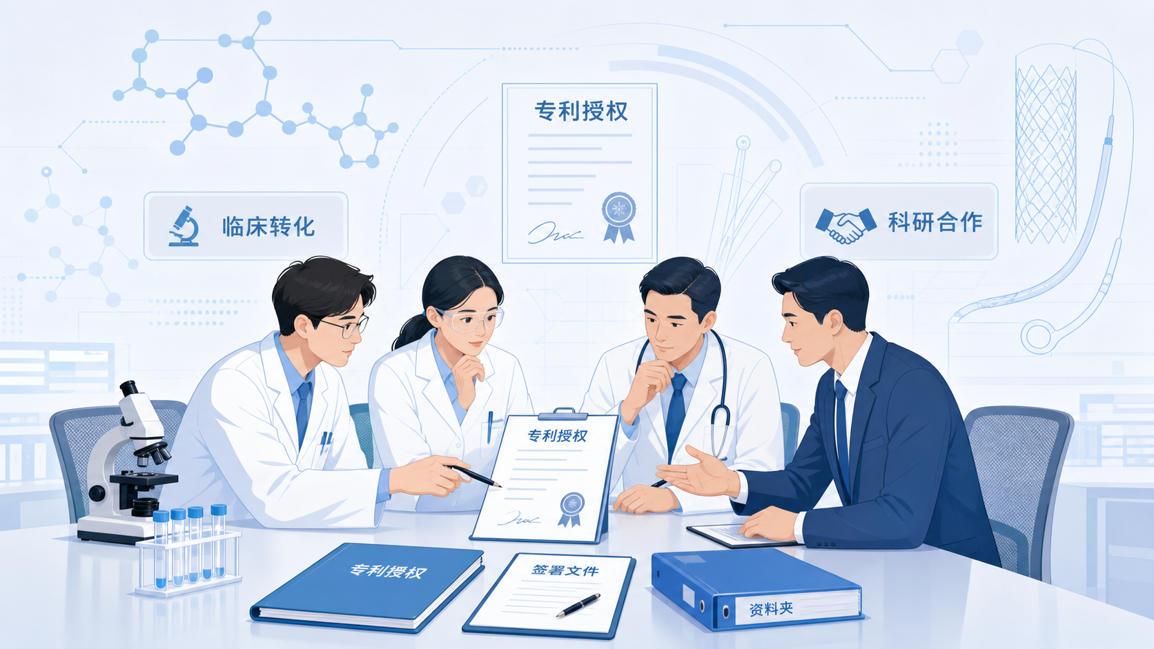 实验室研究人员、临床医生与企业代表围绕专利文件讨论,背景包含分子结构、医疗器械与专利授权文件
