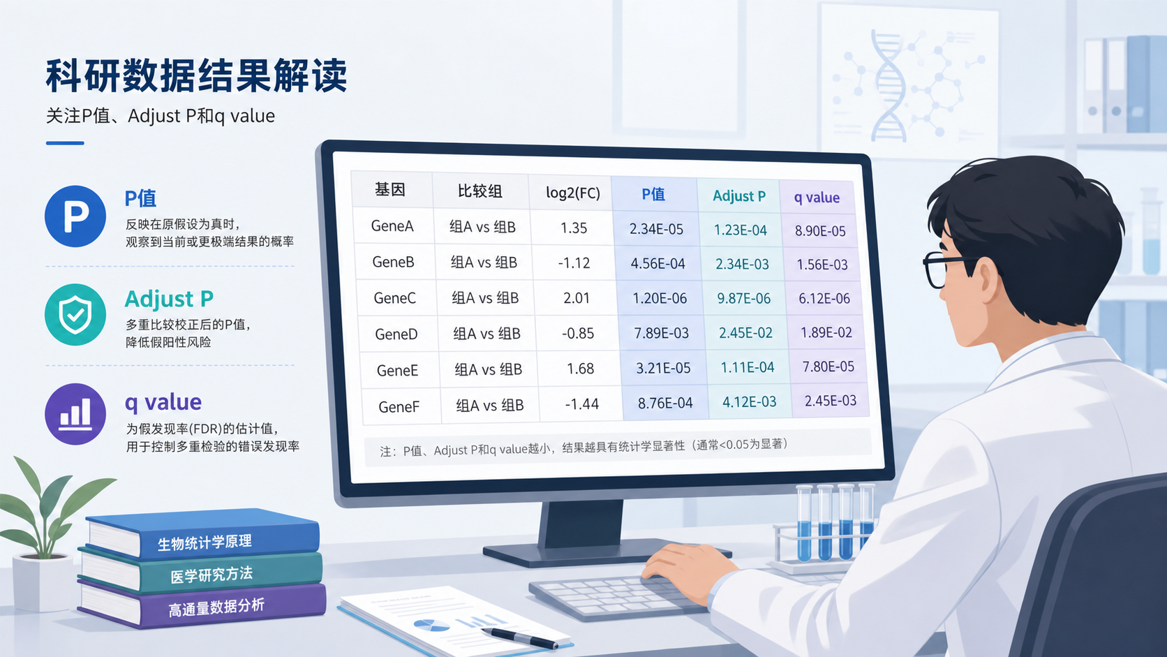一位研究者在电脑前对照统计结果表，表格中突出显示P值、Adjust P、q value三个列名，背景为实验室或数据分析界面。