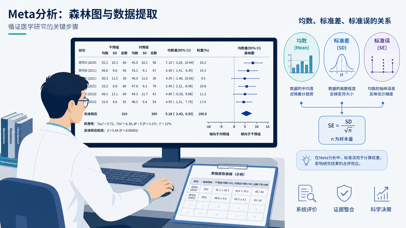 科研人员在电脑前查看Meta分析森林图和数据提取表,旁边展示均数、标准差、标准误的示意关系图