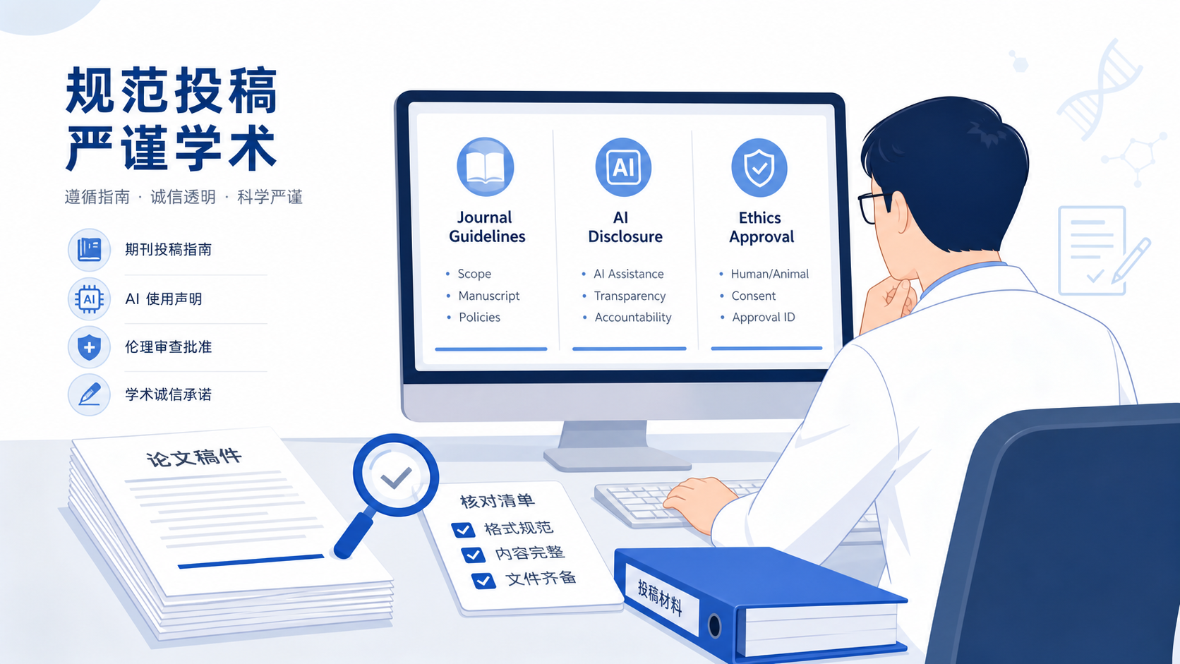 一位科研人员在电脑前核对期刊投稿指南、AI声明和伦理规范，桌面上有论文稿件与放大镜图标，强调“投稿前验证”场景