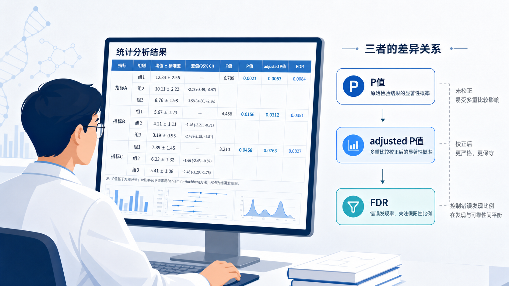 科研人员在电脑前查看统计结果表，旁边展示P值、adjusted P值和FDR的对比示意图。