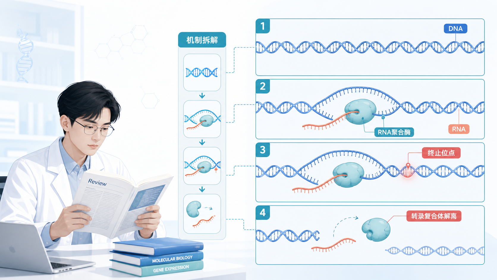 科研人员在阅读文献、旁边叠加DNA到RNA转录过程示意图,突出“终止位点、转录复合体解离、机制拆解”几个关键元素