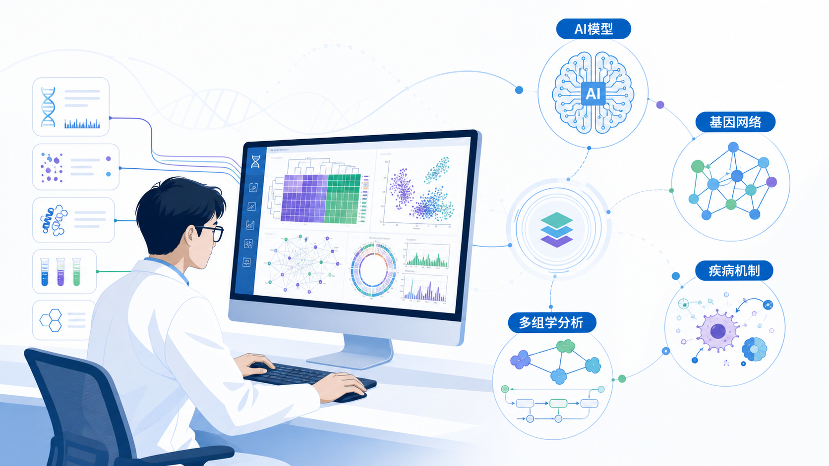 科研人员在电脑前处理多组学数据,旁边显示AI模型、基因网络和疾病机制示意图,整体风格专业、简洁、科技感强