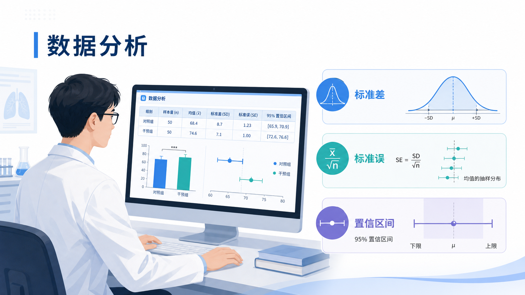 临床科研人员在电脑前查看统计表格，旁边有标准差、标准误、置信区间示意图，风格简洁专业