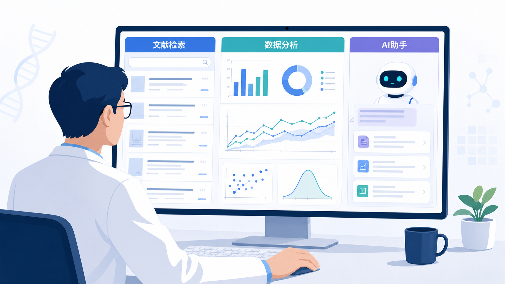 一位医生在电脑前同时查看文献检索结果、数据图表和机器人助手界面，突出科研效率提升场景。