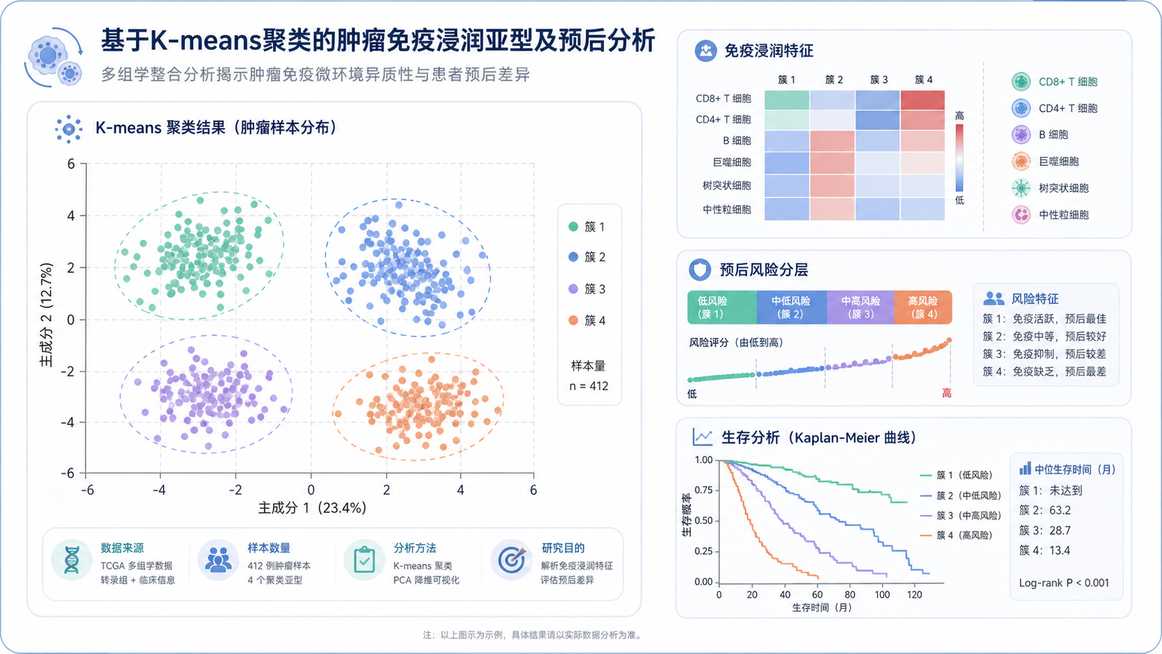 肿瘤样本在二维散点图中被K-means分成多个簇,旁边标注免疫浸润、预后、生存曲线等分析模块
