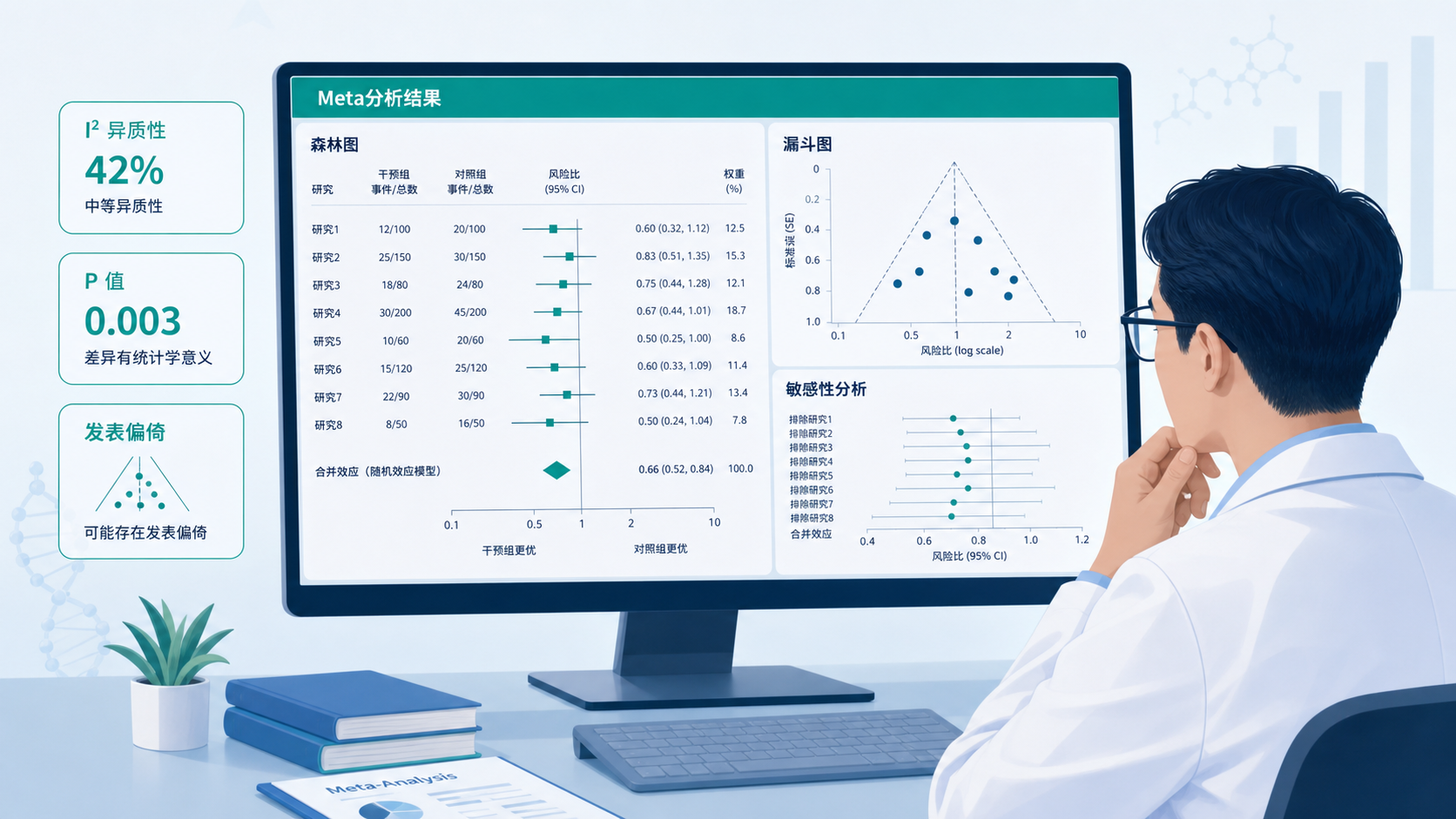 一位医学研究者在电脑前查看Meta分析森林图、漏斗图和敏感性分析图,旁边标注“I²、P值、发表偏倚”