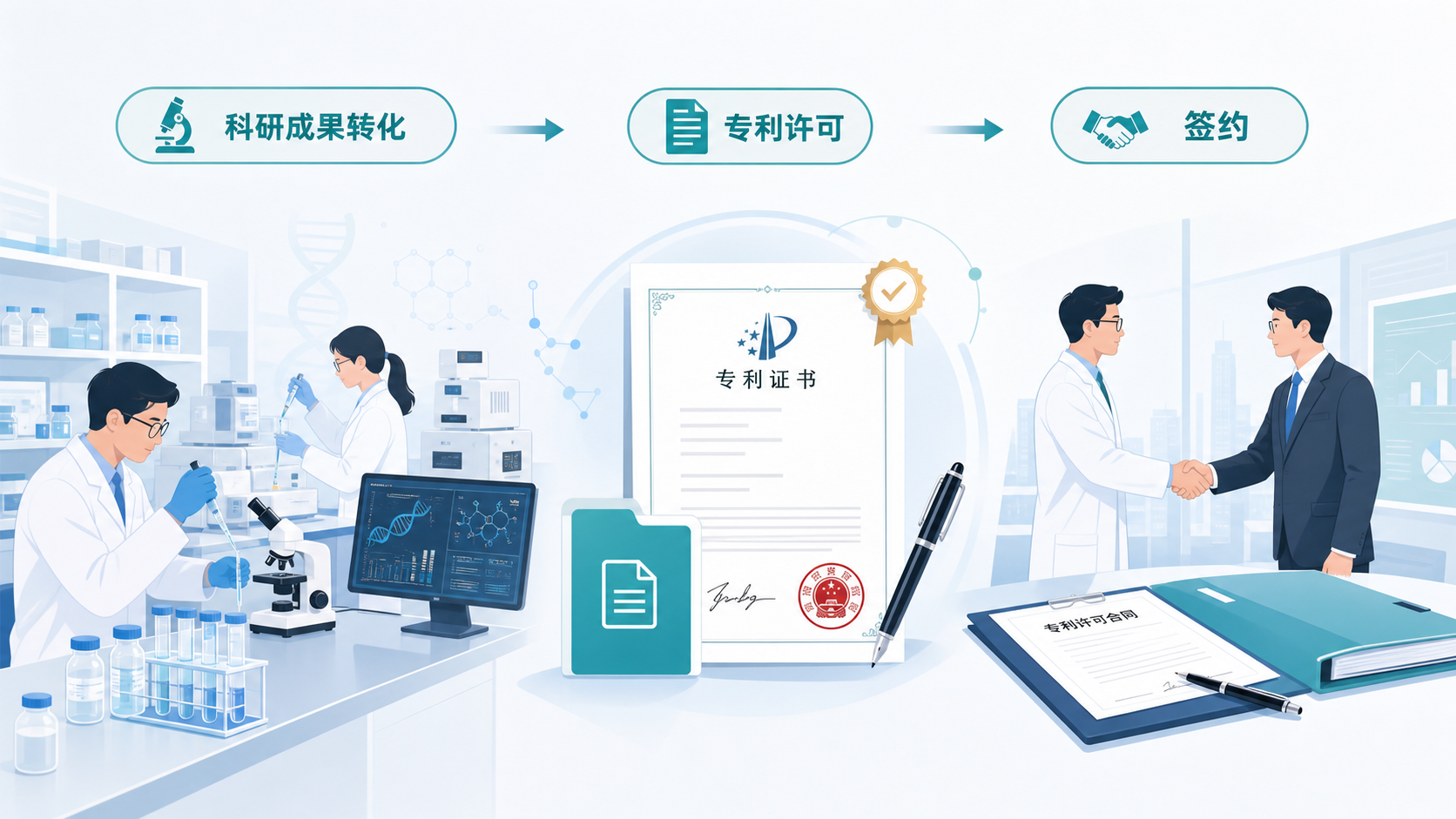 高校实验室、专利文件、签约场景的组合图,突出科研成果转化与许可流程