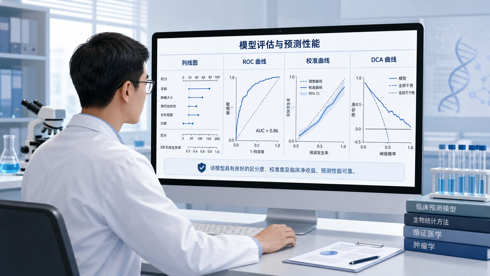 医学科研场景中,研究者在电脑上查看列线图、ROC曲线、校准曲线和DCA曲线的组合示意图,突出“模型构建到临床解读”的流程感。