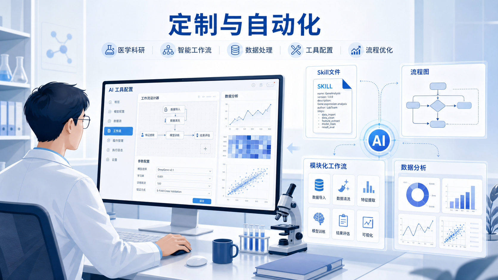 医学科研人员在电脑前配置AI工具，旁边展示Skill文件、流程图和数据分析界面，画面突出“定制与优化”主题