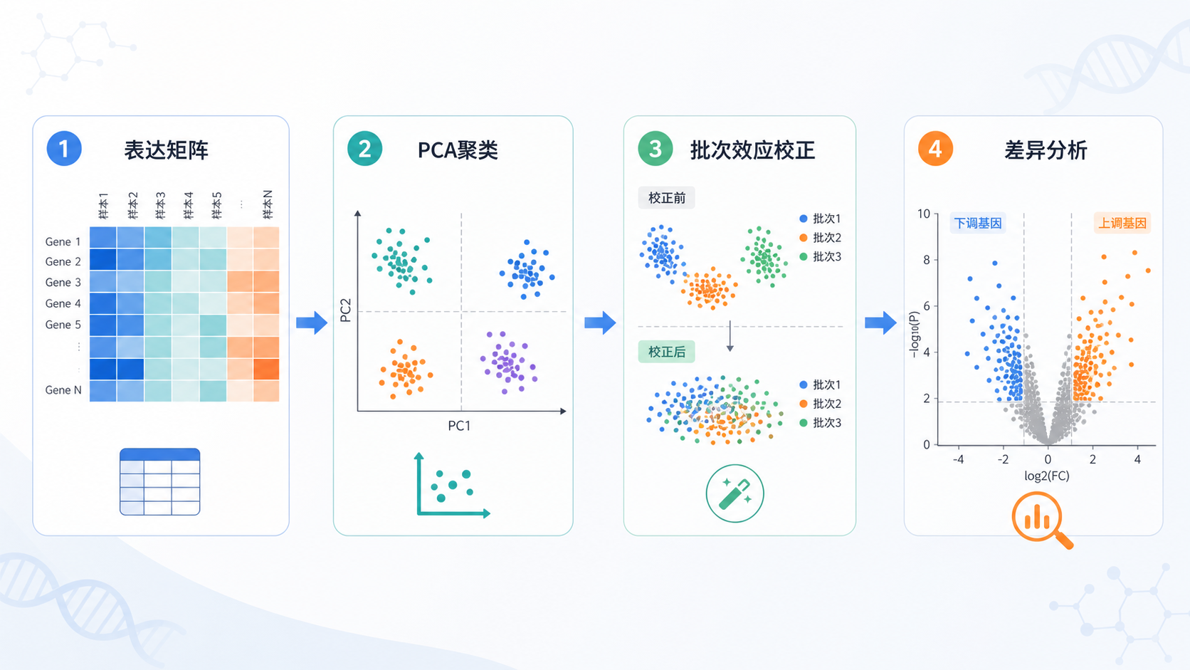一张生信分析流程图,突出表达矩阵、PCA聚类、批次效应校正和差异分析四个环节