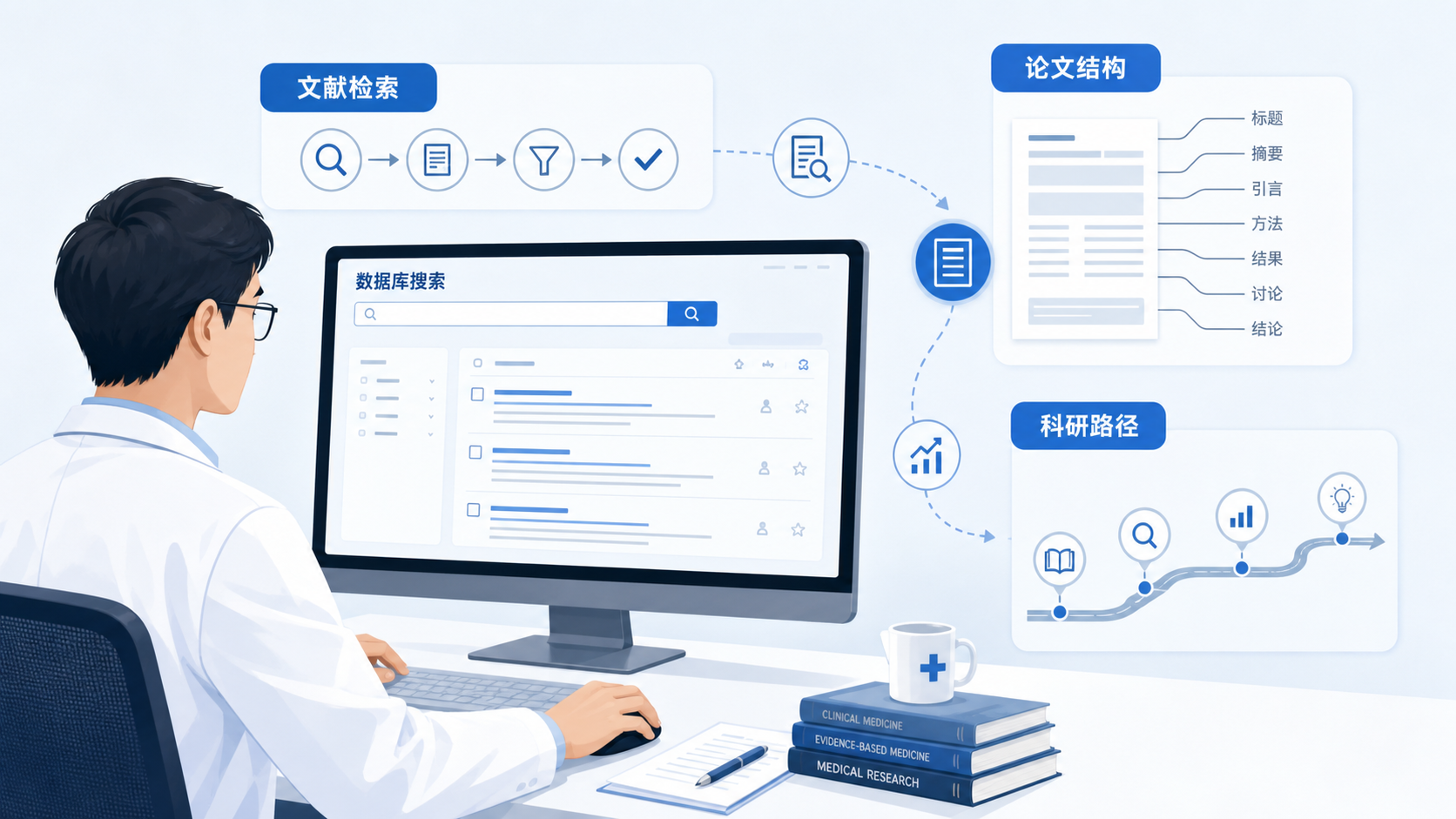 一位医生在电脑前筛选文献，旁边是论文结构图、数据库检索界面和科研路径示意图。