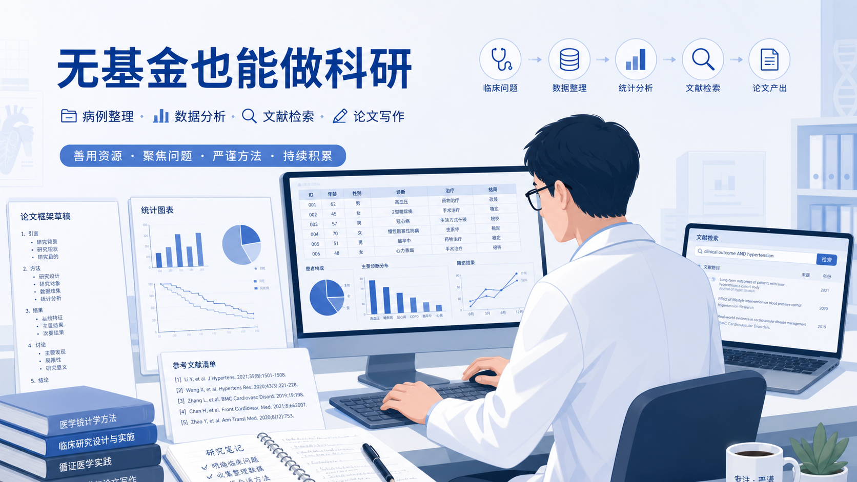 一位临床医生在电脑前整理病例数据，旁边放着论文框架、统计图表和文献检索界面，突出“无基金也能做科研”的场景