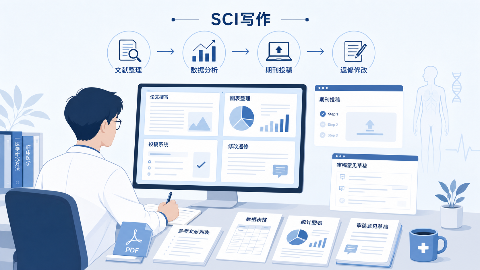 一位医学生在电脑前整理文献、数据表和期刊投稿界面，画面呈现SCI写作与投稿的全流程