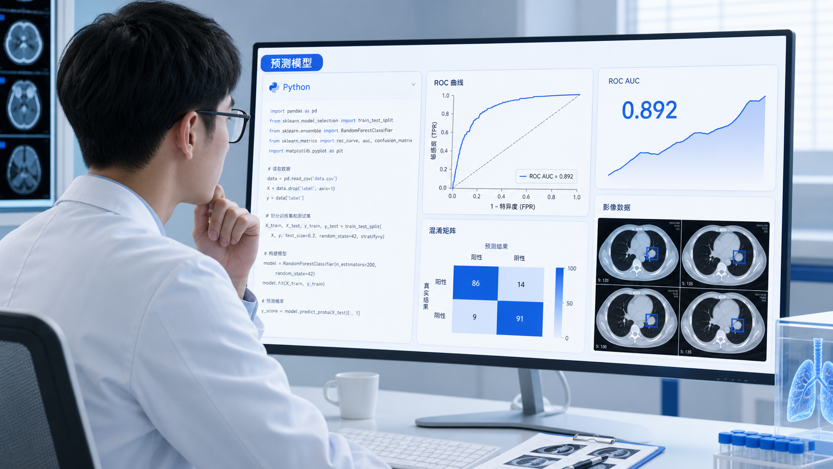 一张临床研究者在电脑前同时查看Python代码、模型评估图和医学影像数据的场景图,突出“预测模型全流程自动化”