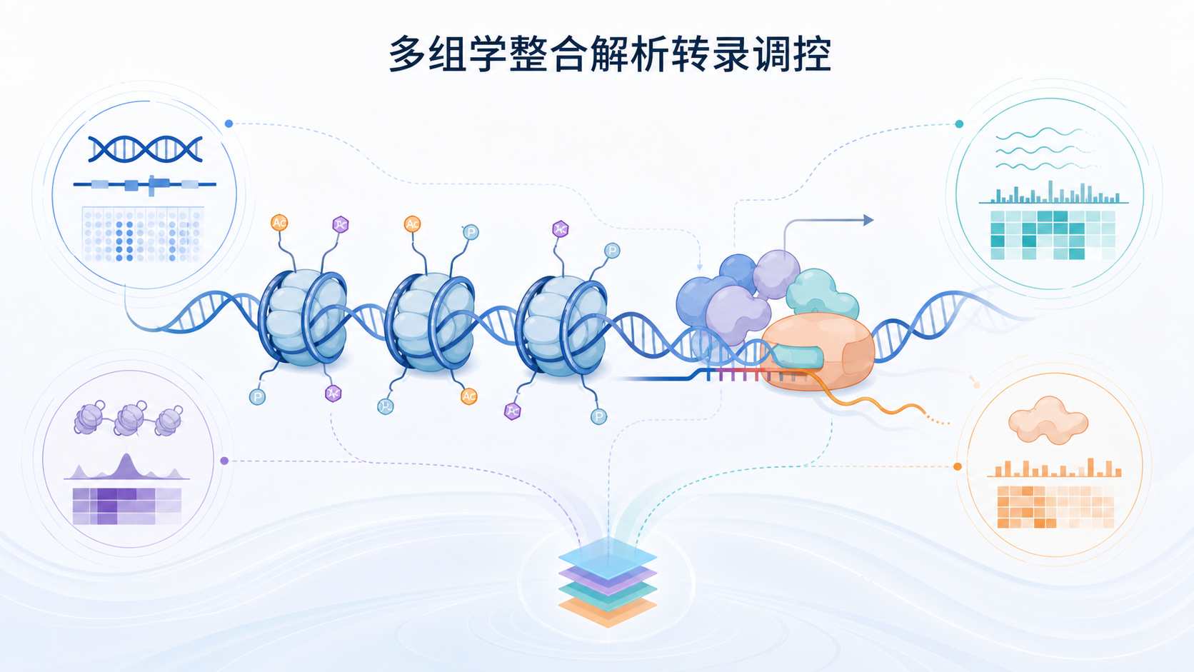 染色质、核小体、组蛋白修饰标记和转录起始复合物的示意图，突出“多组学整合解析转录调控”主题