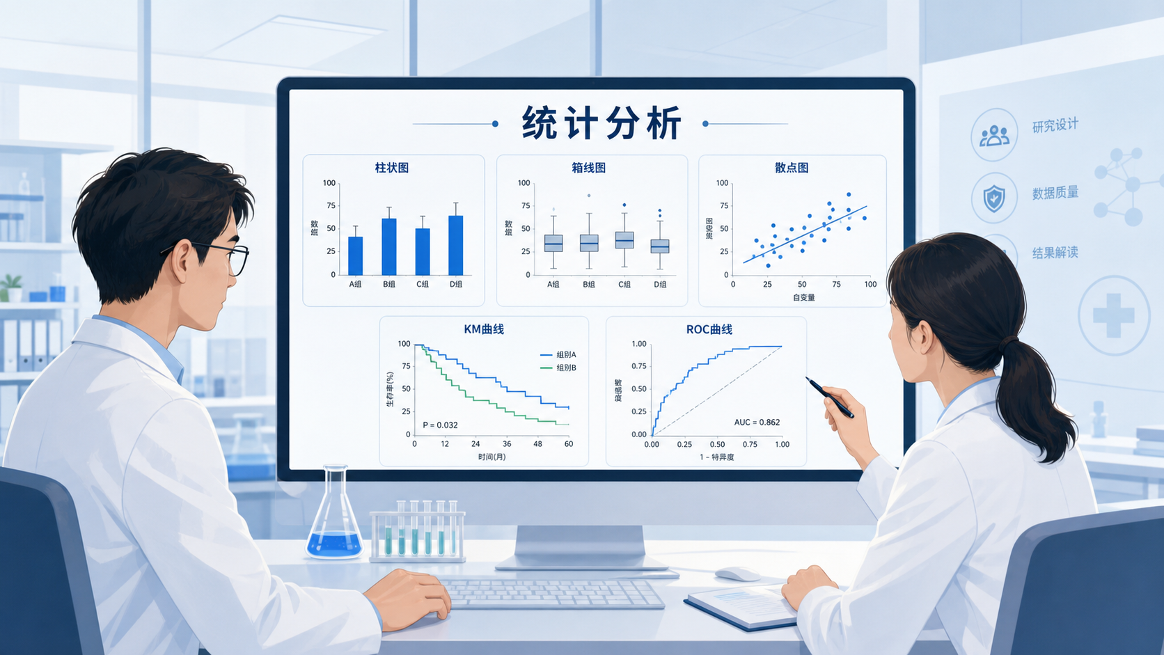 医学科研人员在电脑前查看多种统计图表模板，如柱状图、箱线图、散点图、KM曲线和ROC曲线，强调“选图决定结论”