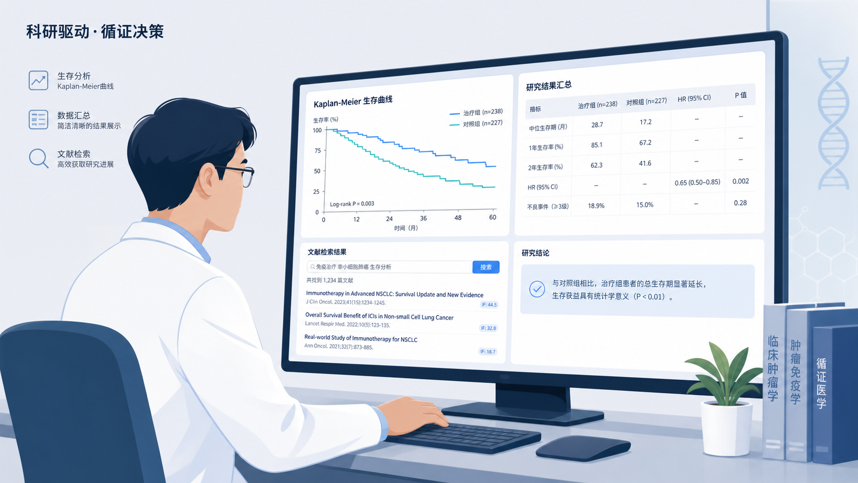 临床医生在电脑前查看Kaplan-Meier曲线、数据表和文献检索结果的科研场景，画面简洁专业。