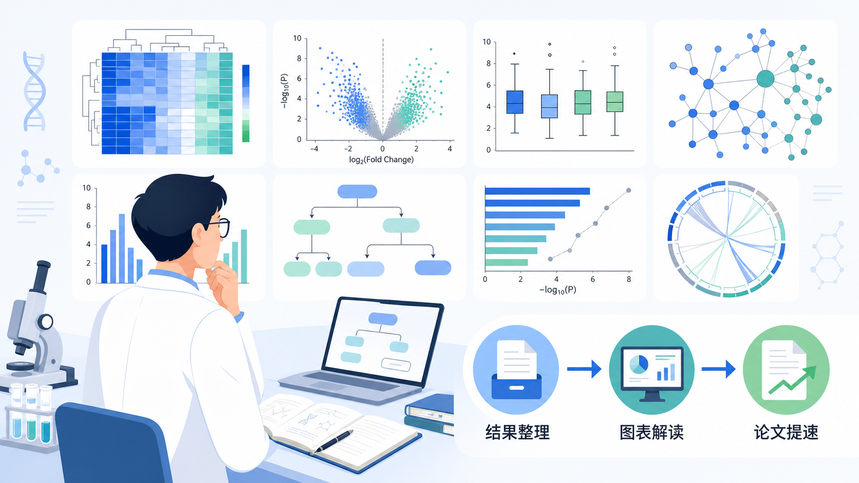 一位科研人员面对多组生信图表和笔记,旁边显示“结果整理、图表解读、论文提速”的流程示意图