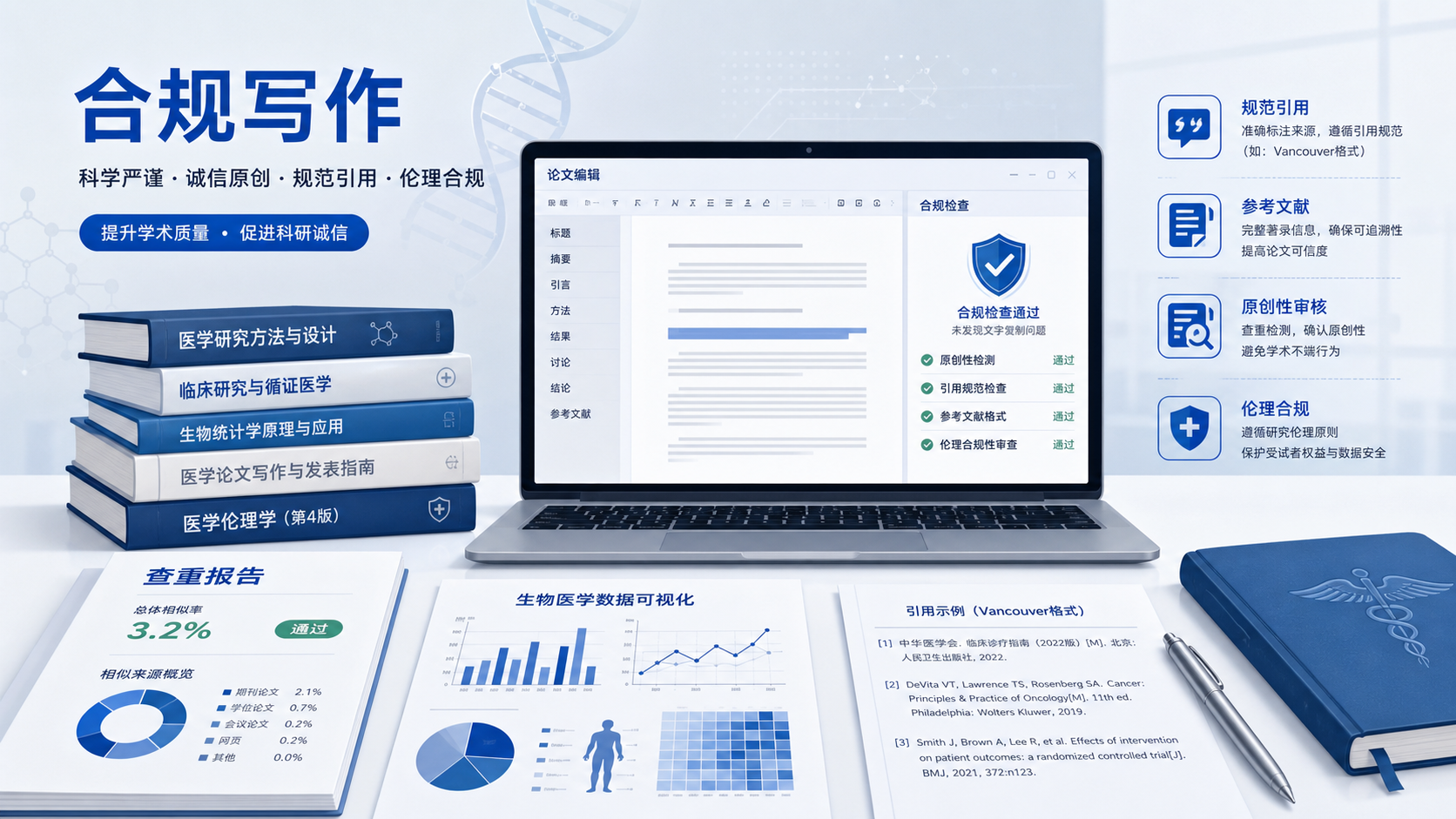 医学论文写作桌面场景，包含笔记本电脑、文献、查重报告和生物医学图表，突出“合规写作”主题