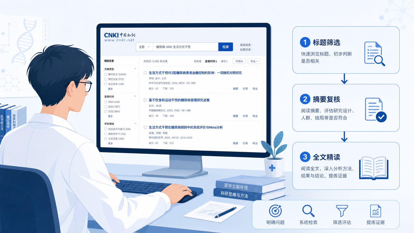 医学生在电脑前使用知网检索界面，旁边叠加“标题筛选、摘要复核、全文精读”的流程示意图