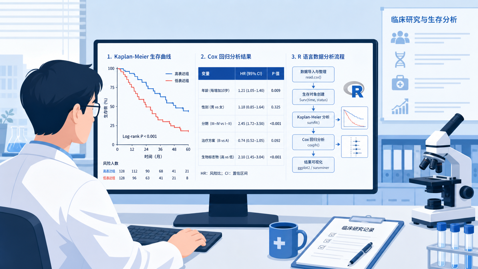 临床研究场景中,研究者在电脑前查看Kaplan-Meier曲线、Cox回归表和R语言分析流程图,背景可加入病历、基因表达矩阵和时间轴元素
