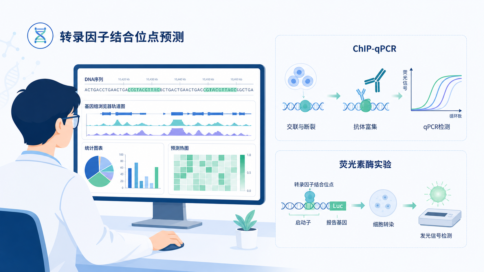 科研人员在电脑上分析转录因子结合位点预测结果，旁边叠加ChIP-qPCR和荧光素酶实验示意图，体现“生信+实验双验证”