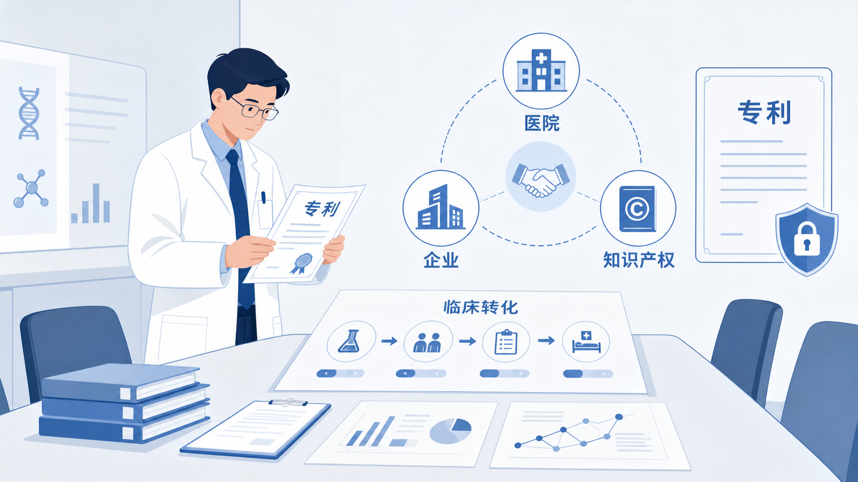 医生在会议室中查看专利文件与临床转化流程图，旁边有医院、企业和知识产权图标